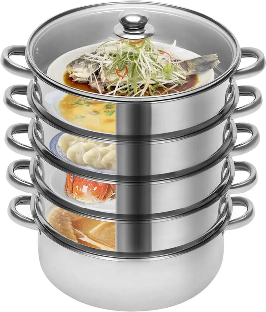 5 Tier Stainless Steel Steamer Cooker Steam Pot Kitchen Food Cooking with Glass Lid
