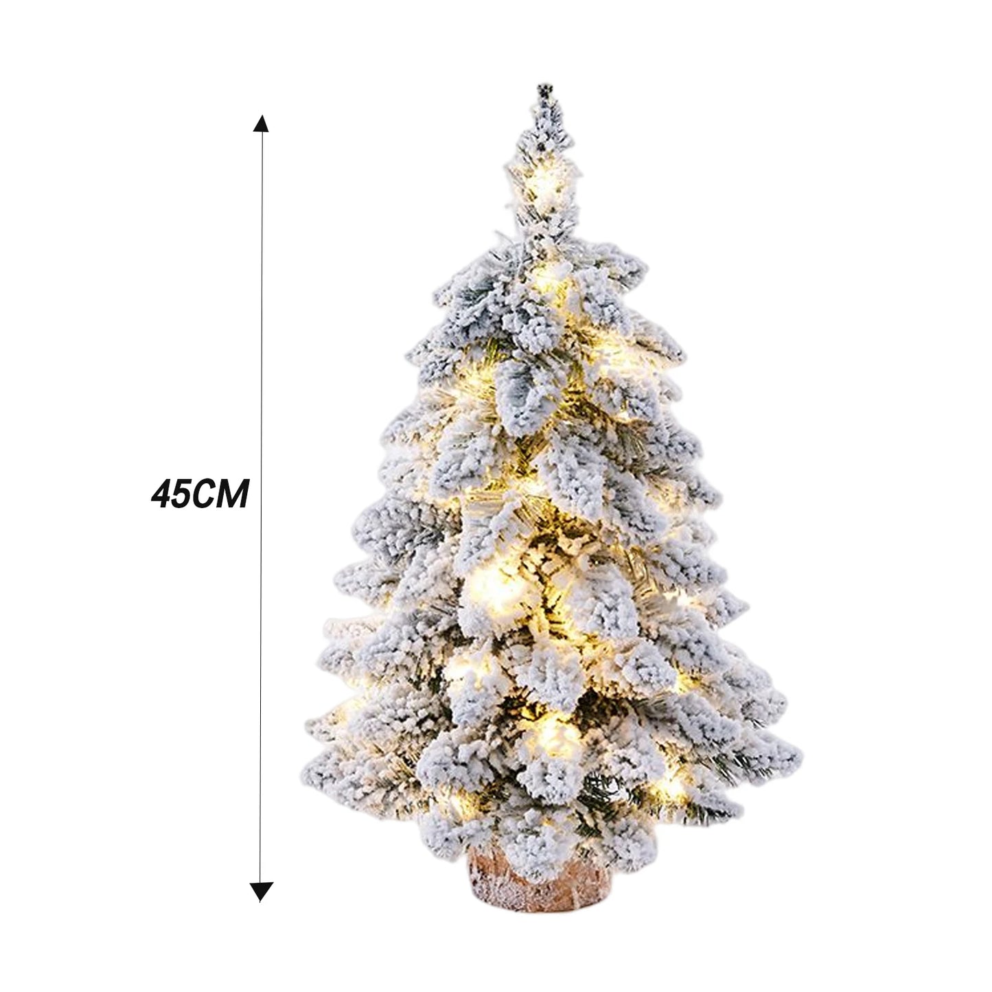 Christmas Flocked Mini Tree With Lights Snowflake Decorations Sturdy Wooden Base For Home Office Desk Winter Holiday Decor