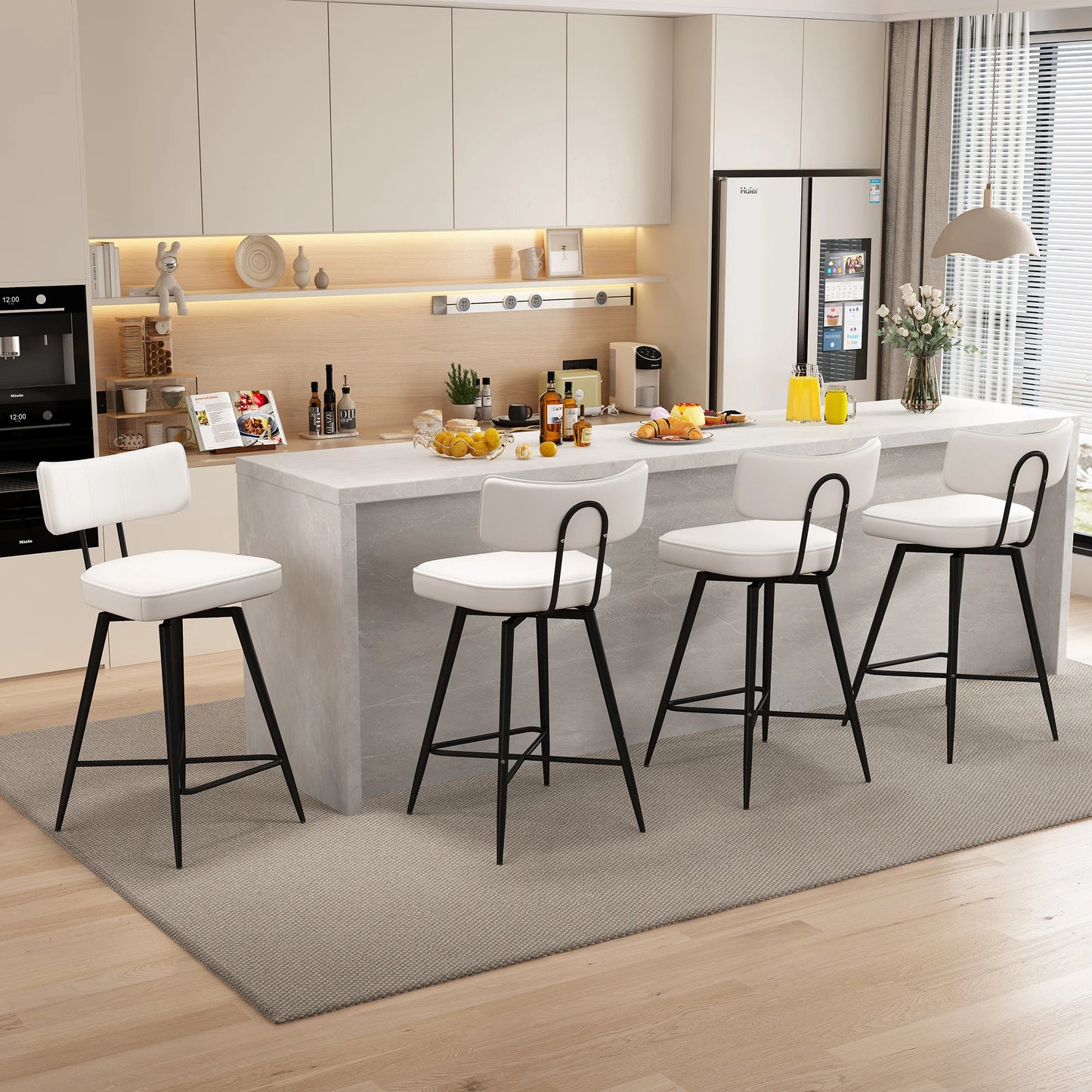 26" Swivel Barstools Set of 4, PU Leather Counter Height Bar Stools, Bar Chairs with Metal Footrest for Kitchen Island, Brown