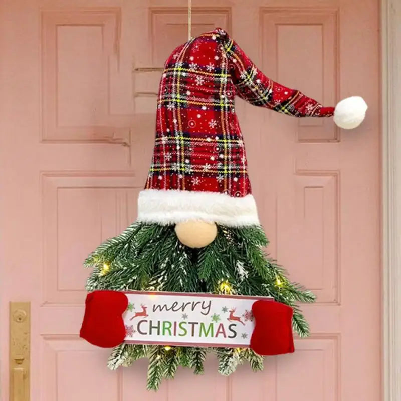 Christmas Door Wreath Gnome Wreath Pine Needle Christmas Wall Door Hanger With LED Lights Cute Faceless Doll Dwarf Pendant xmas