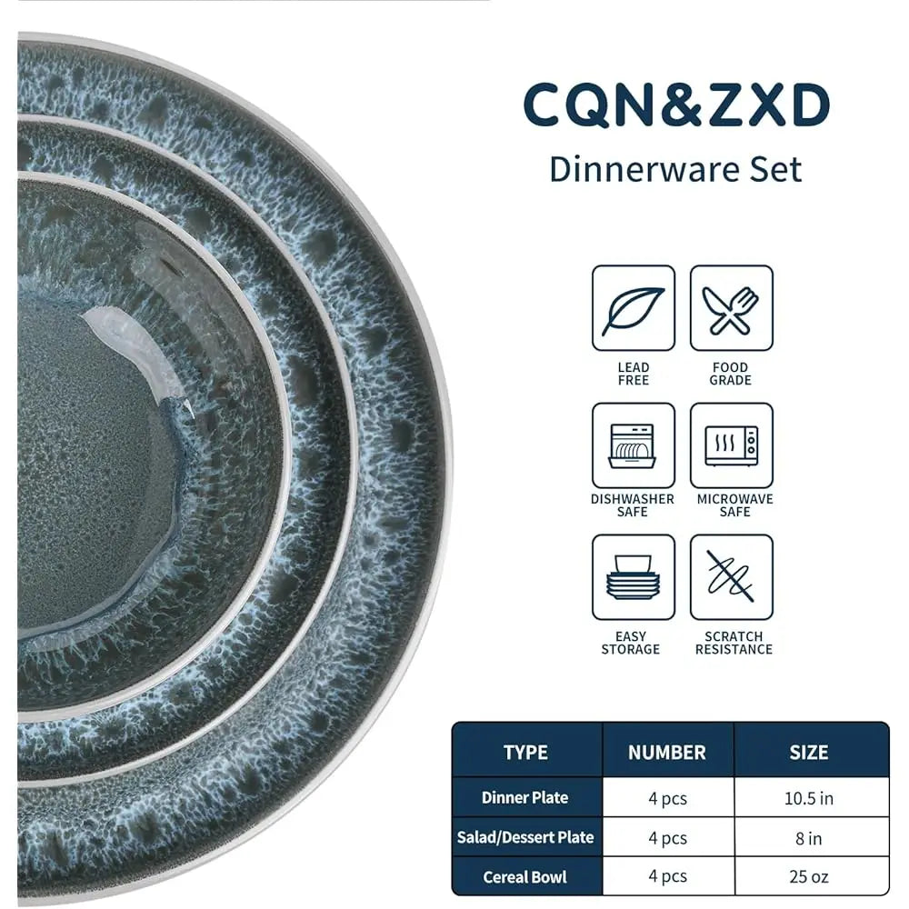 Ceramic Dinnerware Sets For 4, 12 Pieces, Handcrafted Stoneware Plates And Bowls Sets With Flowing Glaze, Microwave &
