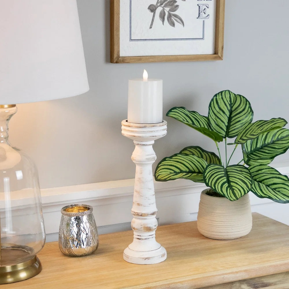 Antique White Wooden Spindle Candle Holder Pillar Candles Indoor Use Deep Black Saucer Decorative Accent