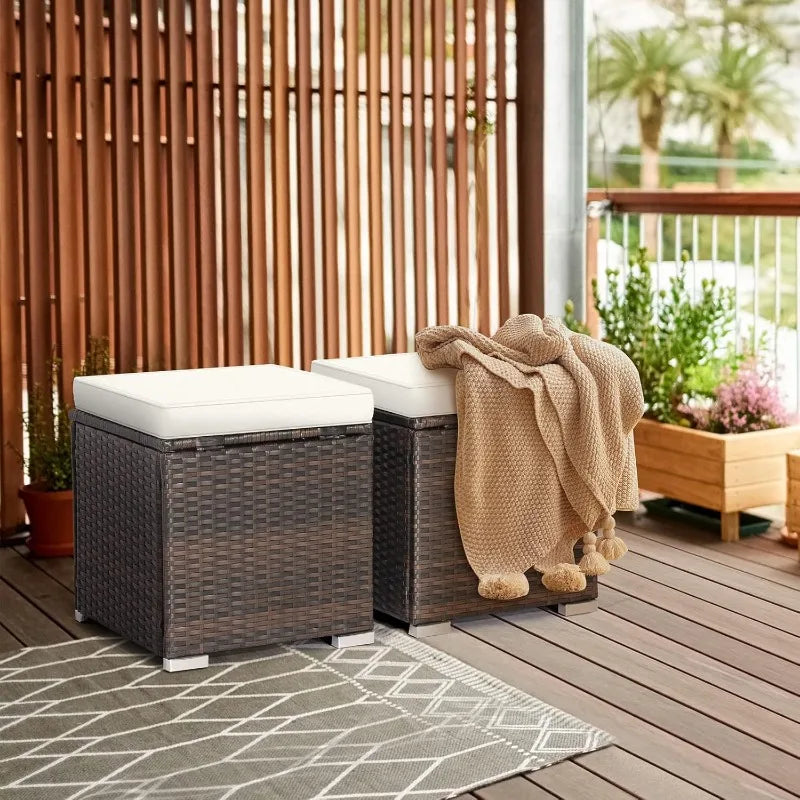 RELAX4LIFE Wicker Outdoor Storage Ottoman, 2-Piece Rattan Footstool w/Removable Cushion, Multipurpose Footrest Stool Side Table