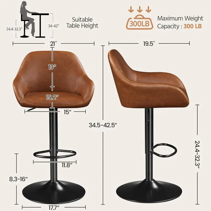 Bar Stools Set of 4, PU Leather Swivel Counter Height Barstools, Adjustable Bar Chairs with Backrest and Footrest, Kit