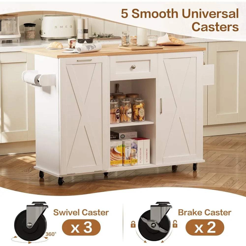 Rolling Kitchen Island with Trash Can Storage, 48” Kitchen Island Cart with Drop Leaf Countertop, Island Table with Drawer & She