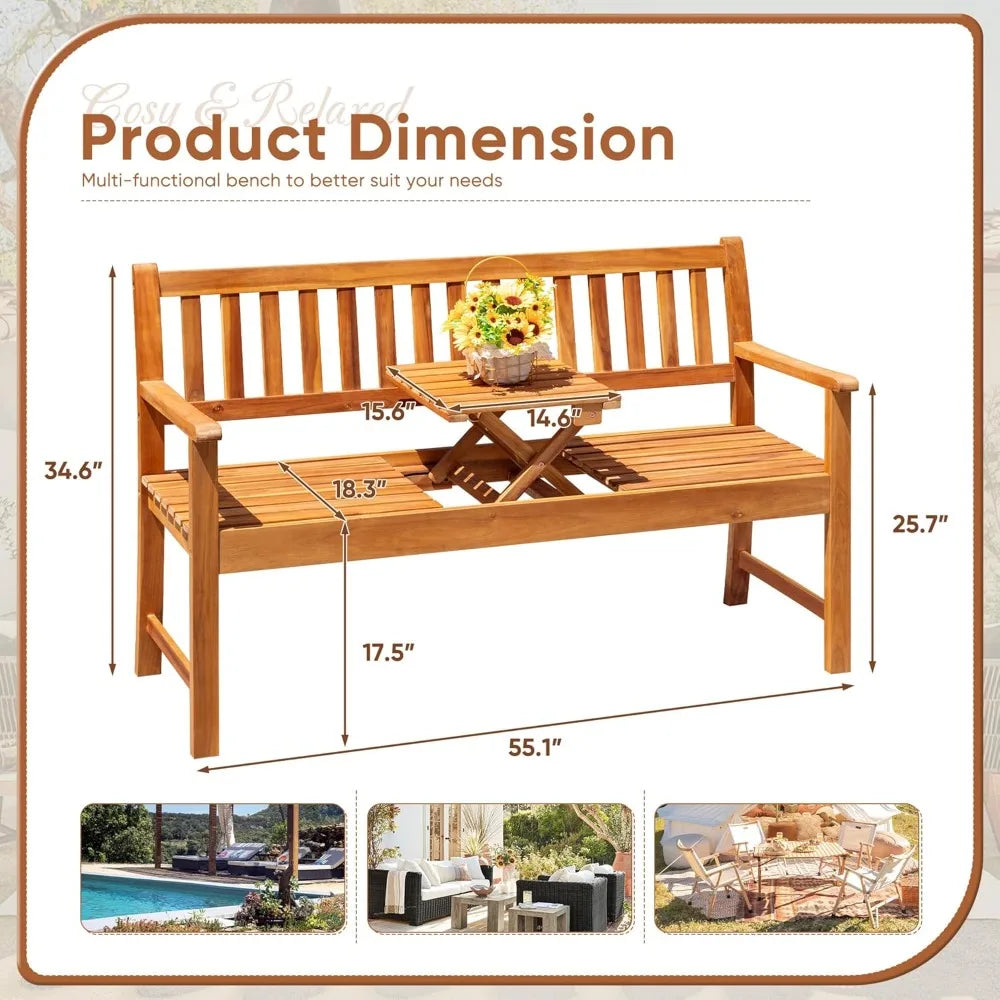 Outdoor Bench, 2-Person Garden Bench, Patio Wood Bench Outdoor Loveseat with Pull-Out Center Table for Backyard