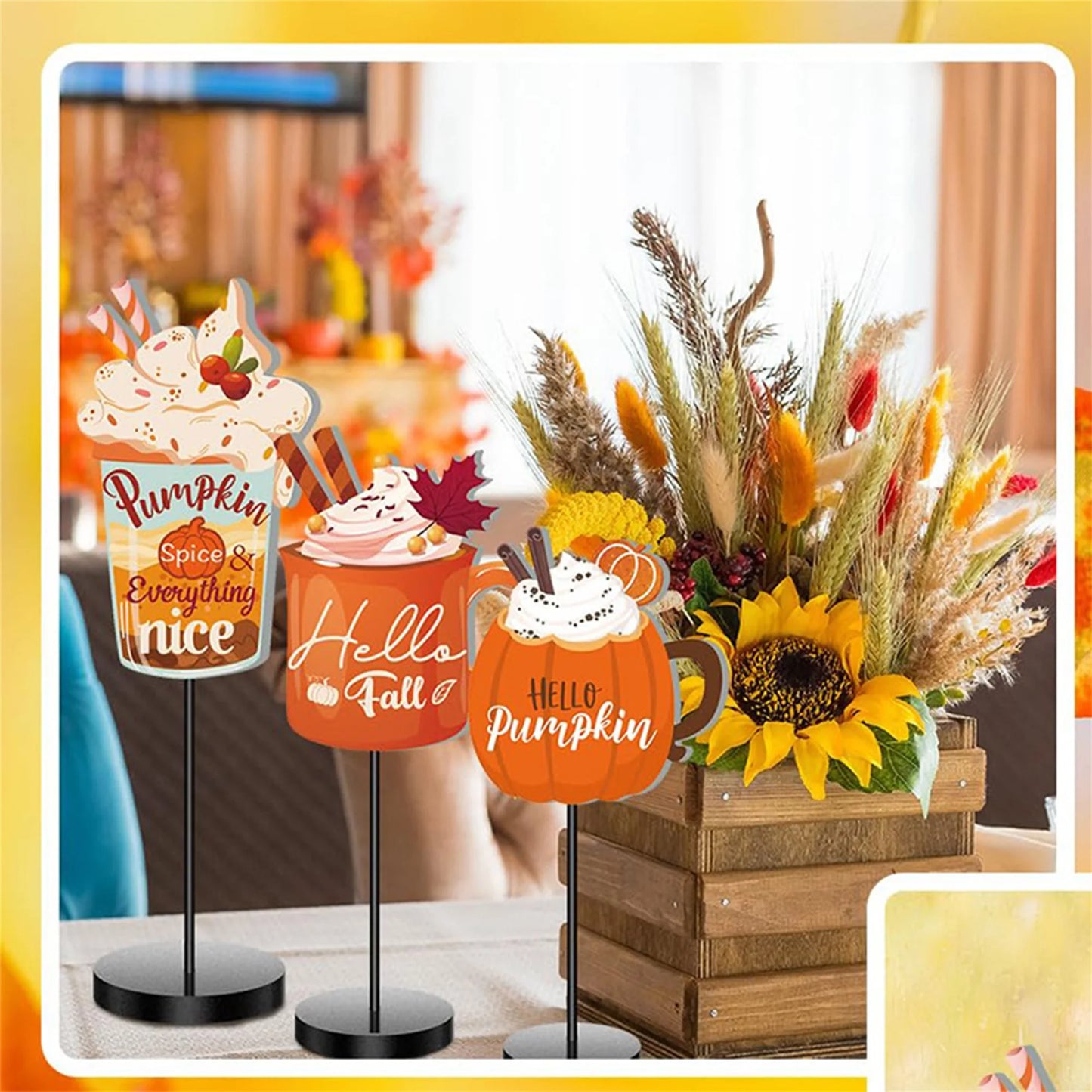 Thanksgiving Harvest Wooden Table Decor Set with Pumpkin Mugs Sign and Centerpieces for Fall Coffee Bar and Indoor Ornament
