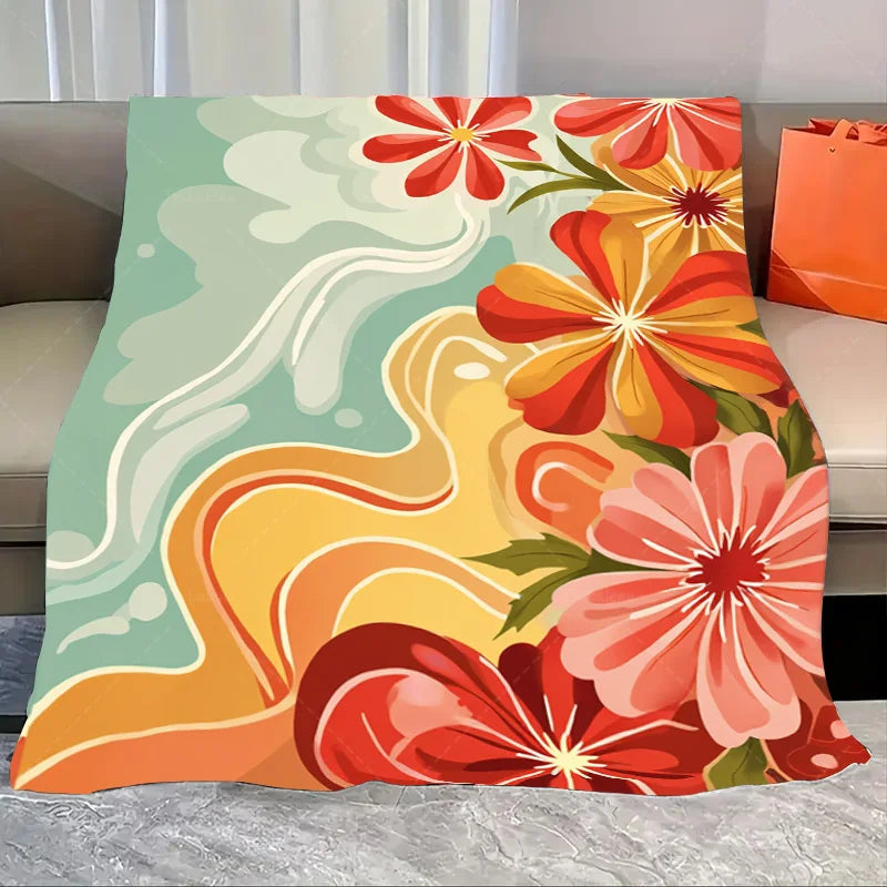 1pc Flannel Blanket Vibrant Floral Throw Blanket - Retro Style for Cozy Living Room Decor