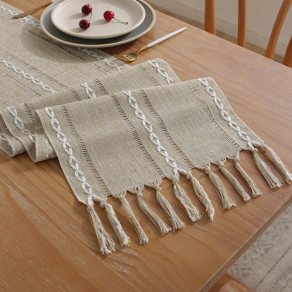 MACT Rustic Table Runner with Tassels Cotton Linen Embroidered Table Runners for Dining Table Decorations Holiday Party Wedding