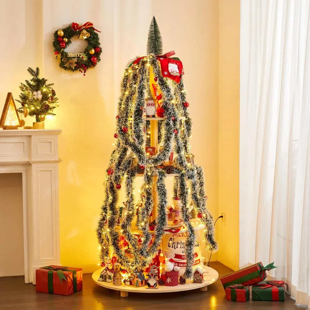 5.15Ft Christmas Tree, 5 Tier Christmas Tree with Shelves-Wooden Christmas Village Tree, DIY Holiday Xmas Trees Display Shelves