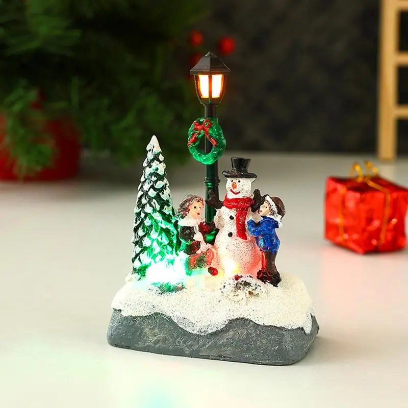 LED Resin Village Ornaments Christmas Snow House Figurines Decoration Snowman Christmas Tree Holiday Gift Home Decor