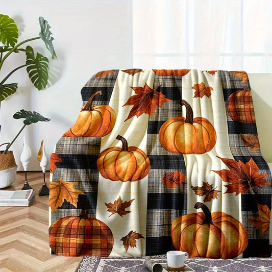 1pc Pumpkin & Fall Leaves Flannel Blanket - Soft Orange/Black/Plaid Pattern Throw - Machine Washable All-Season Bedspread