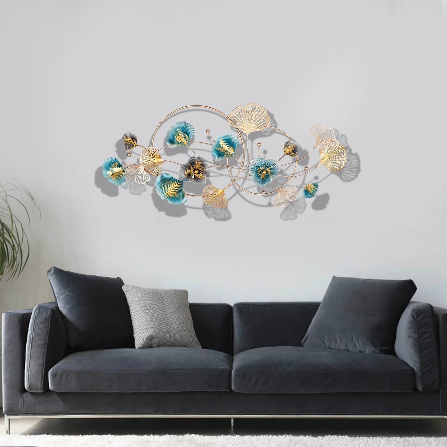 3D Golden Ginkgo Leaf Wall Hanging Decor with Frame, 48.03*20.47*1.97'' Metal Art Wall Sculpture for Living Room, Bedroom