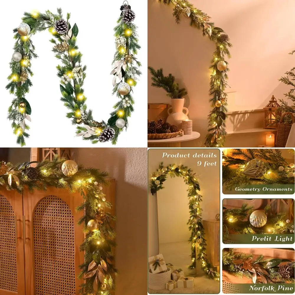 9 Feet Long Pre-lit Artificial Greenery Christmas Garland with Pinecone and Gold Accents, Festive Holiday Decorations
