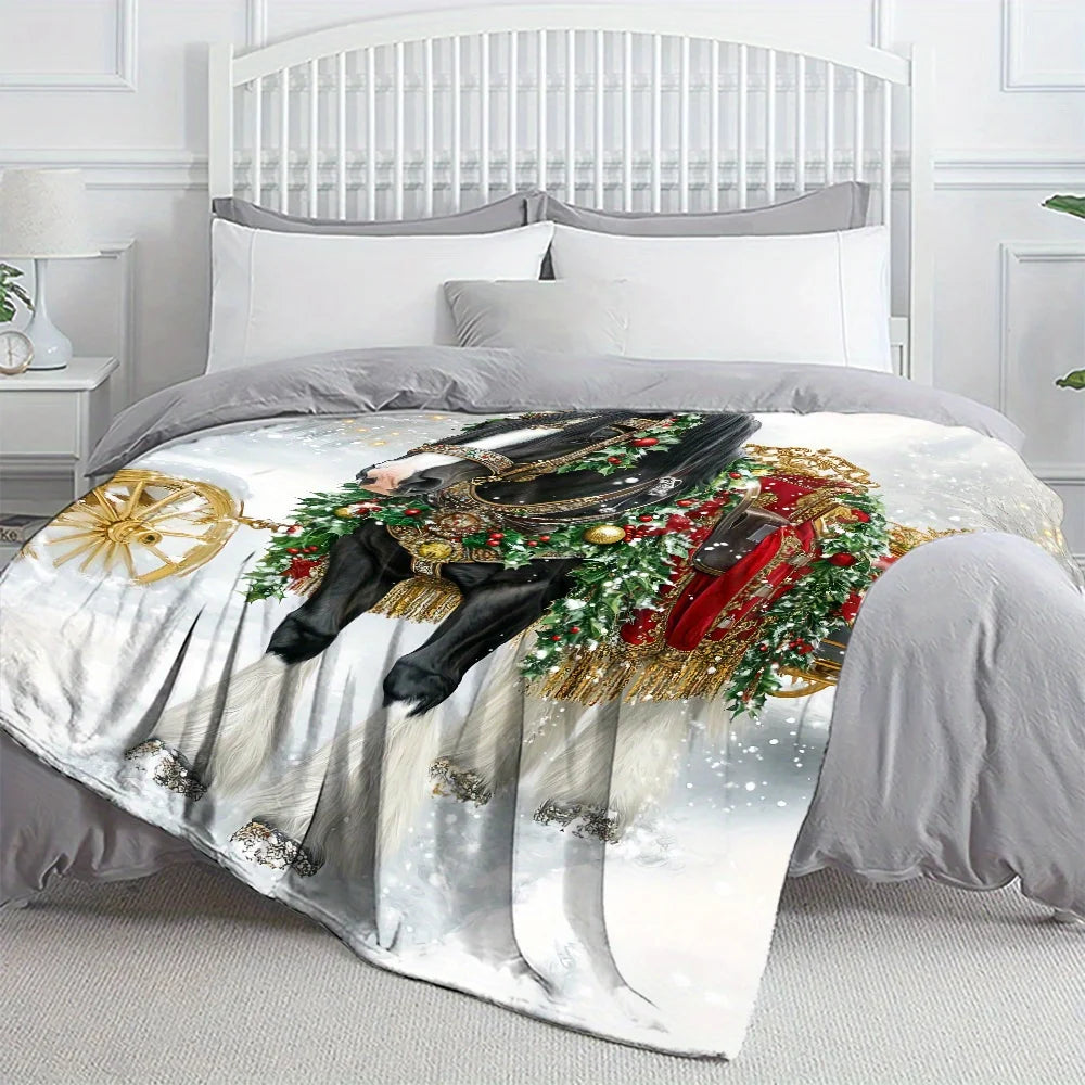 Soft and Warm Festive Christmas Horse Print Fleece Blanket - 1pc, Lightweight Flannel Throw for Home, Travel, Camping