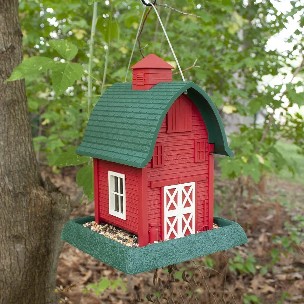 Red Barn Hopper Bird Feeder 5lb Capacity Squirrel Proof Durable Plastic Removable Tray Hanging or Pole Mounted Cardinals