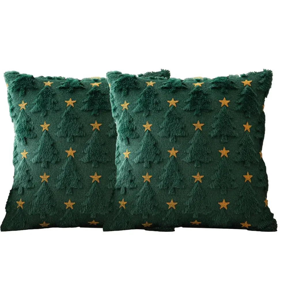Christmas Cushion Covers Green Christmas Tree With Golden Star Square Pillowcase Holiday Home Decoration Winter Holiday Soft