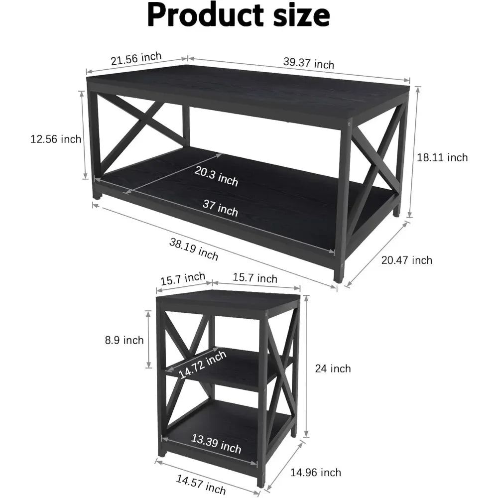 Bigbiglife Living Room Coffee Table Set of 3, Industrial X-Design Coffee Table and 2 End Side Tables,