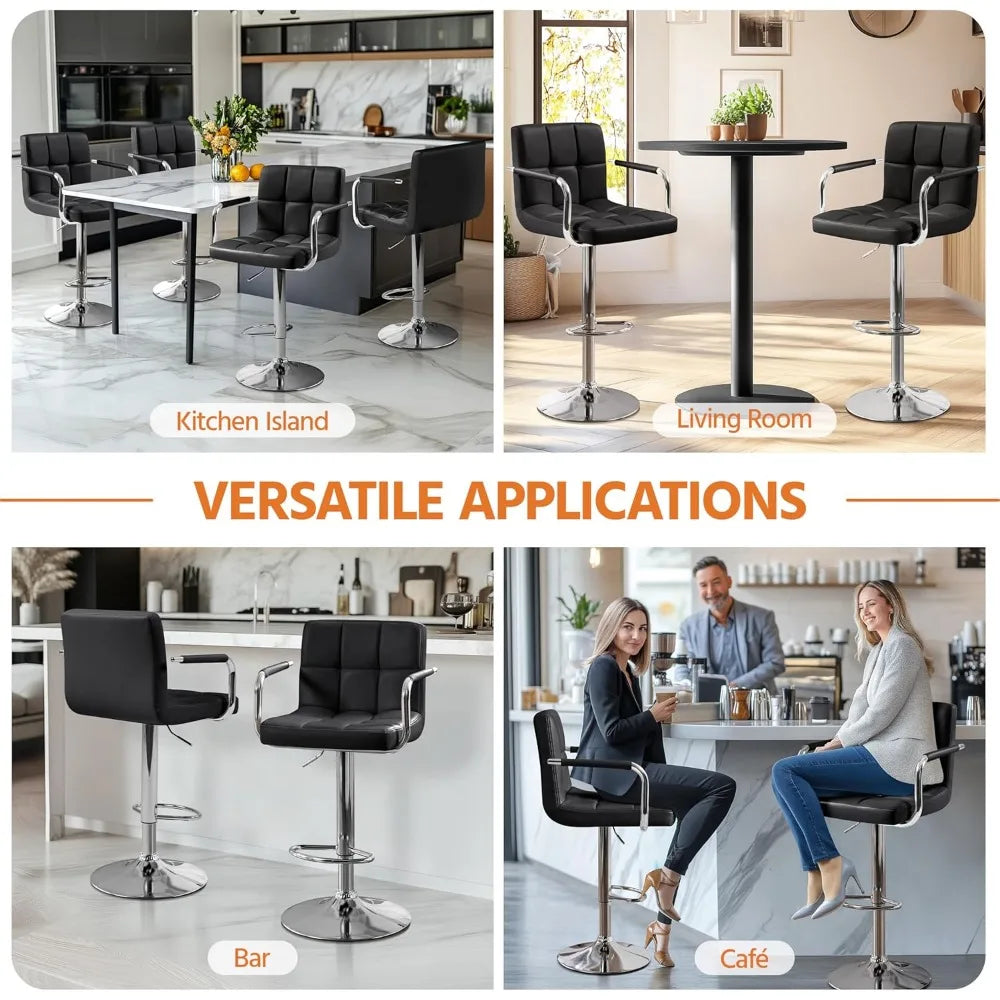Bar Stools Set of 2, PU Leather Adjustable Swivel Barstools, Hydraulic Kitchen Counter Height Bar Chairs w/Armrest and Back