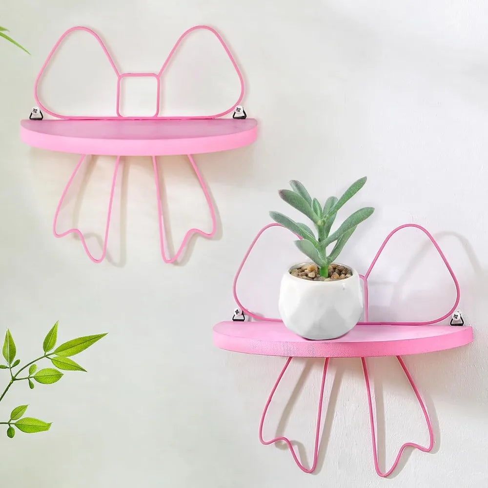 2 Pcs Kawaii Floating Shelf Pink Coquette Bow Wall Decoration Butterfly Semicircle Hanging Shelves Pink Bow Princess Wall Decor
