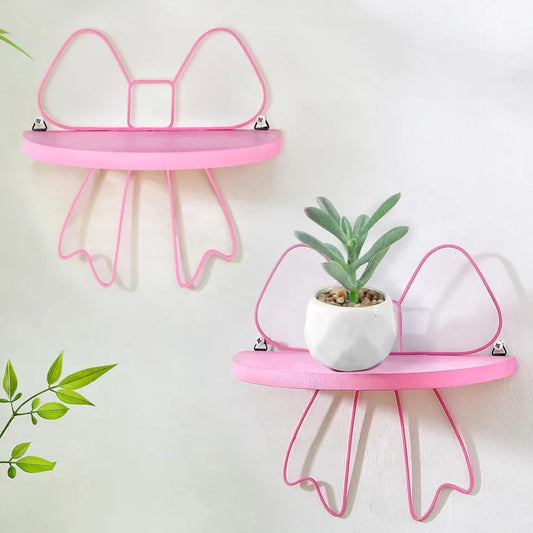 2 Pcs Kawaii Floating Shelf Pink Coquette Bow Wall Decoration Butterfly Semicircle Hanging Shelves Pink Bow Princess Wall Decor