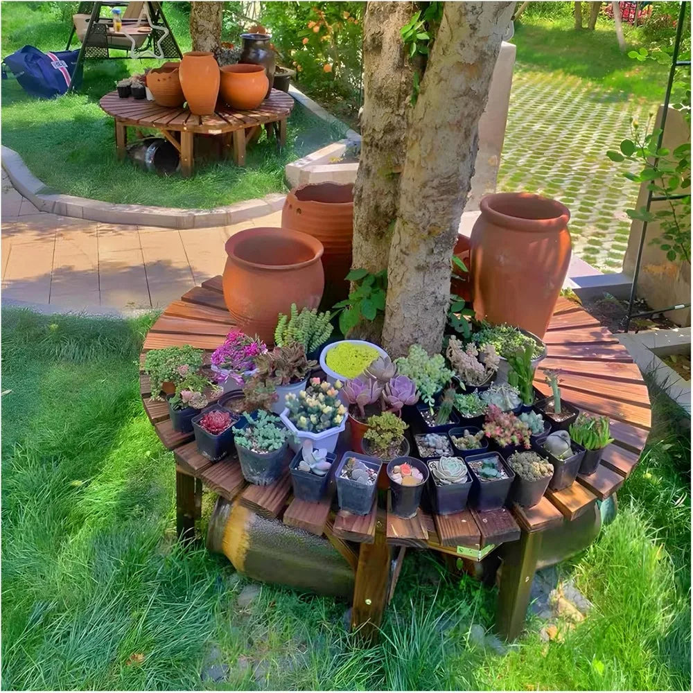 Wrap Around Tree Bench, Outdoor Curved Wooden Seat Semicircular Backrest Design for Gardens Patios Backyards Lawn