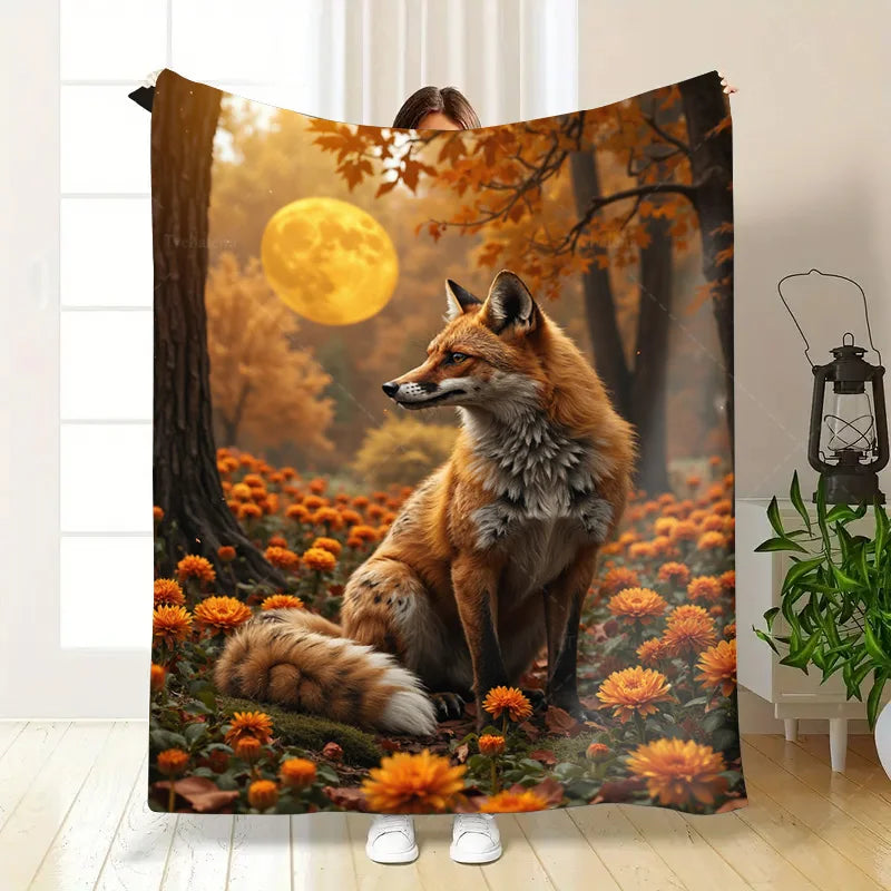 1pc Flannel Blanket Autumn Fox in Floral Forest Blanket - Cozy Fall Scene Throw