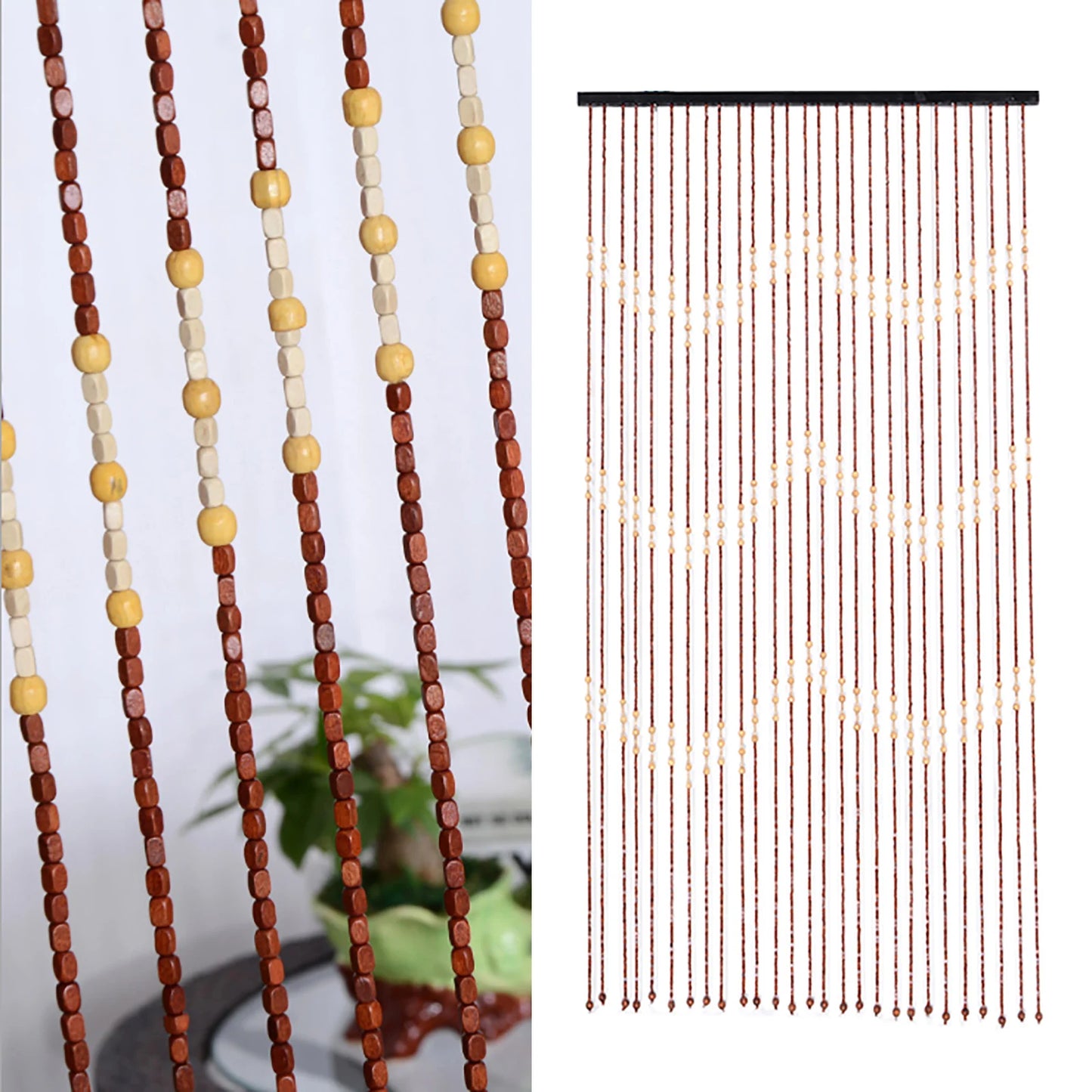 Wood Beaded Curtain 27 Line Wave Dense Fringe Beaded Door Curtain Handmade Room Divider Screen Hanging Blind Drap