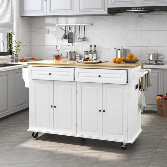 59" Kitchen Cart with Wood Top and Drop Leaf Breakfast Bar, Rolling Mobile Kitchen Island Table on Wheels with Drawer and Storag
