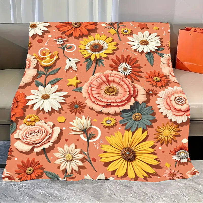 1pc Flannel Blanket Vibrant Floral Throw Blanket - Retro Style for Cozy Living Room Decor
