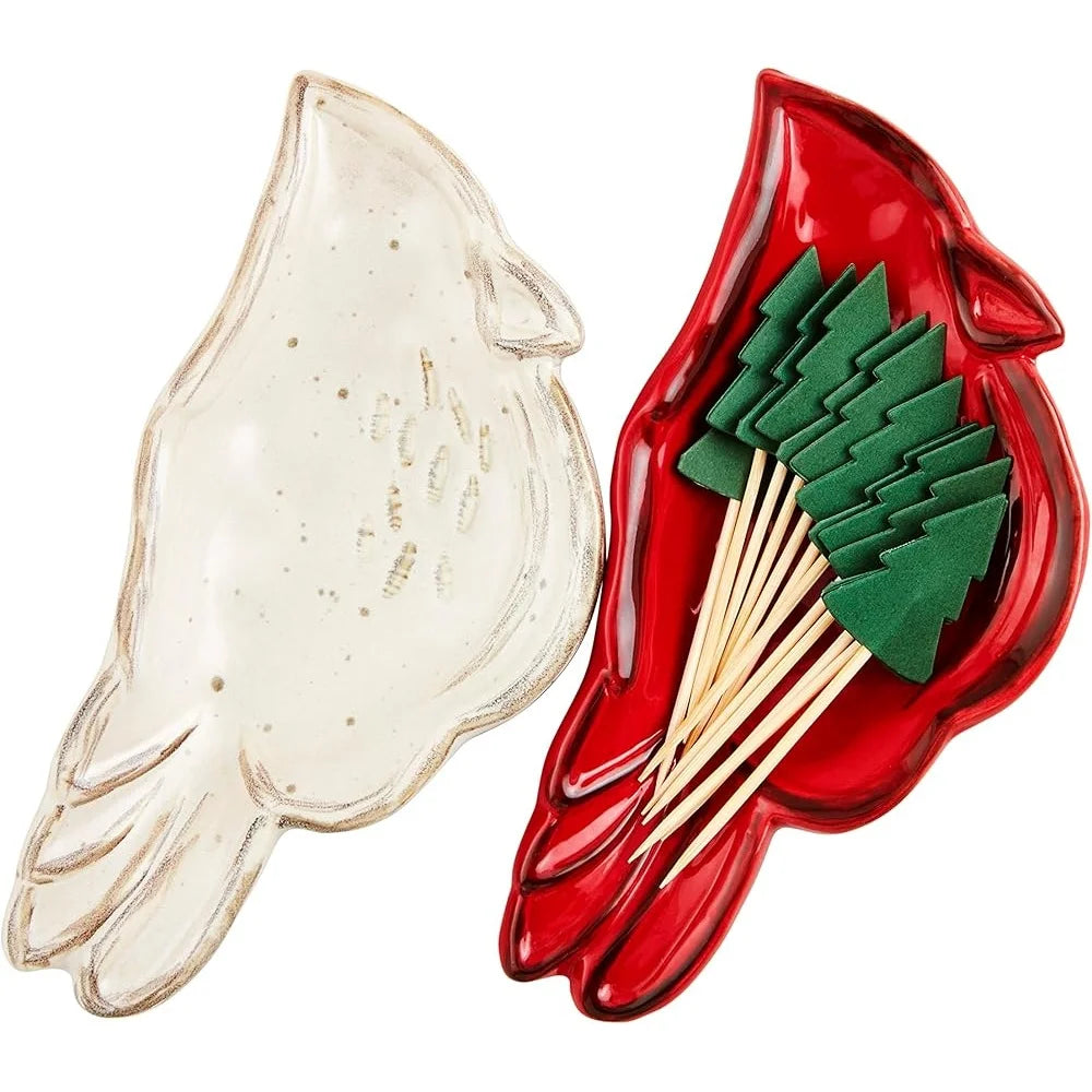 Cardinal Tidbit Dish Set Stoneware Hand-Painted Dishes with Tree Topped Toothpicks Cozy Christmas Decor 3 Pieces