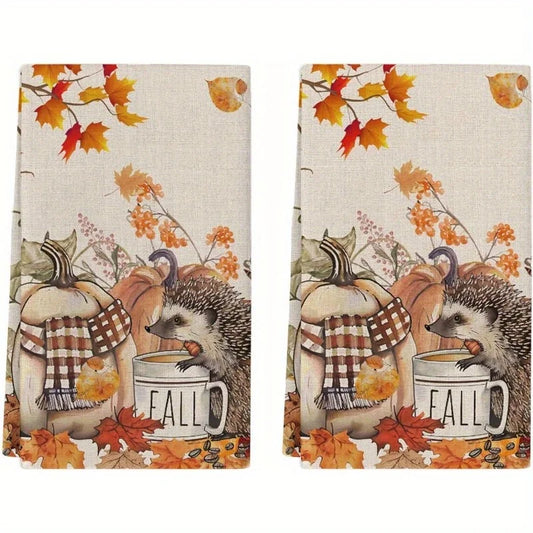 Fall Hedgehog Pumpkins Kitchen Dish Towels Cleaning Cloths Autumn Absorbent Bathroom Towel Hand Towel Baking Cooking Cloth Decor