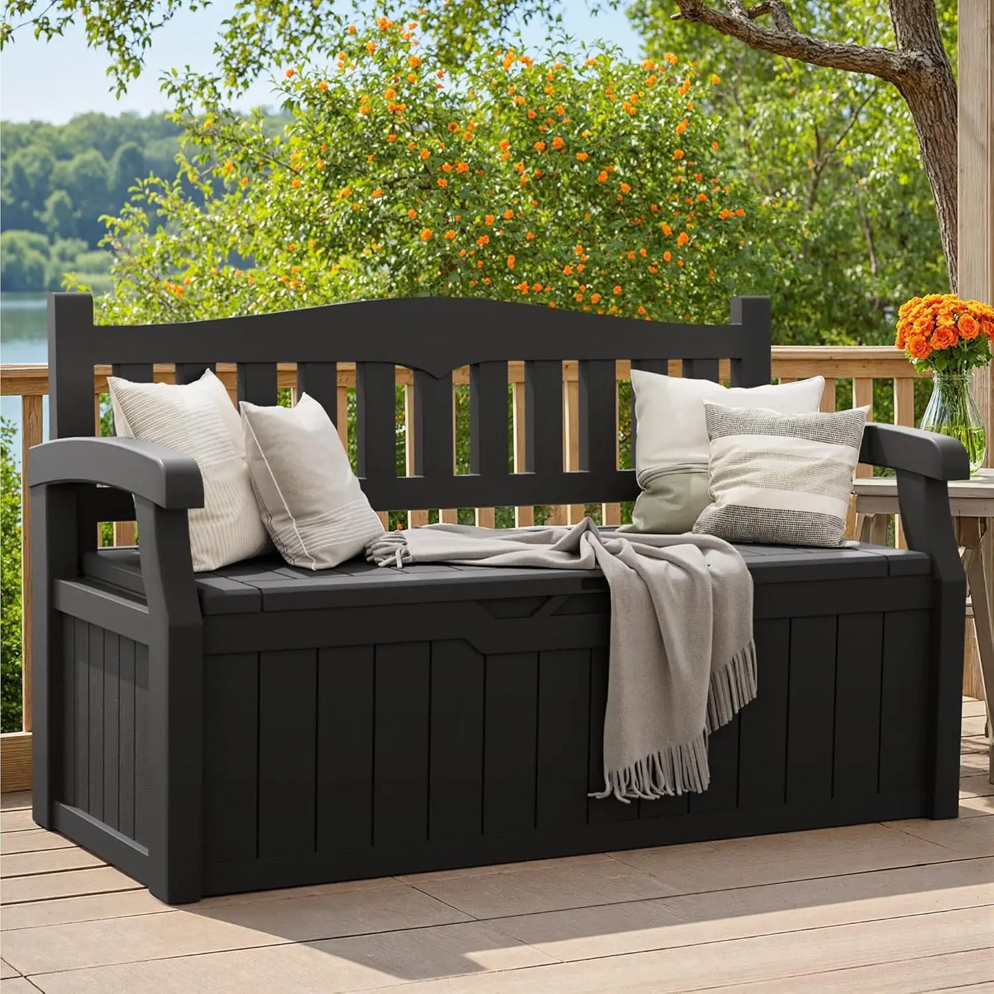 80 Gallon Storage Bench Outdoor Deck Box with Armrest, Patio Furniture,Lockable, Waterproof and UV Resistant