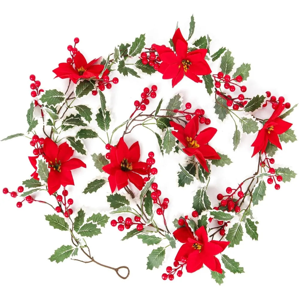 Christmas Garland 6.6Ft Artificial Christmas Garland, Pine Garland with Pine Cones, Red Berry, Red Flower Christmas Decoration f