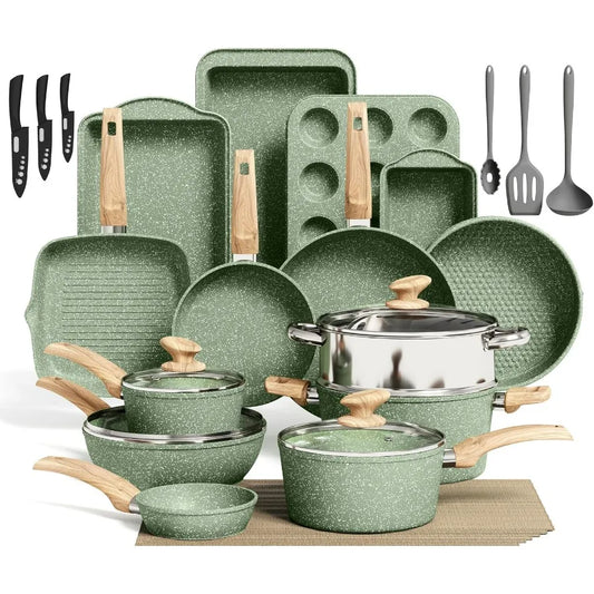 30Piece Nonstick InductionCompatible Kitchen Cookware and Bakeware Set with Green Granite Coating for Efficient and Durable Coo