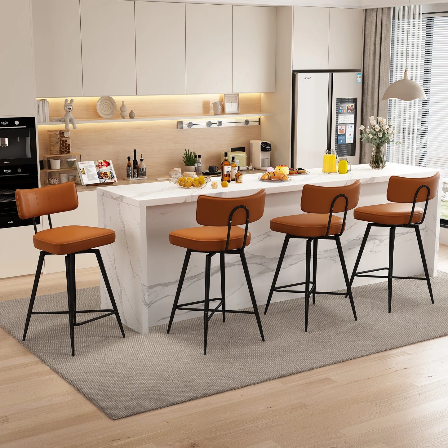 26" Swivel Barstools Set of 4, PU Leather Counter Height Bar Stools, Bar Chairs with Metal Footrest for Kitchen Island, Brown