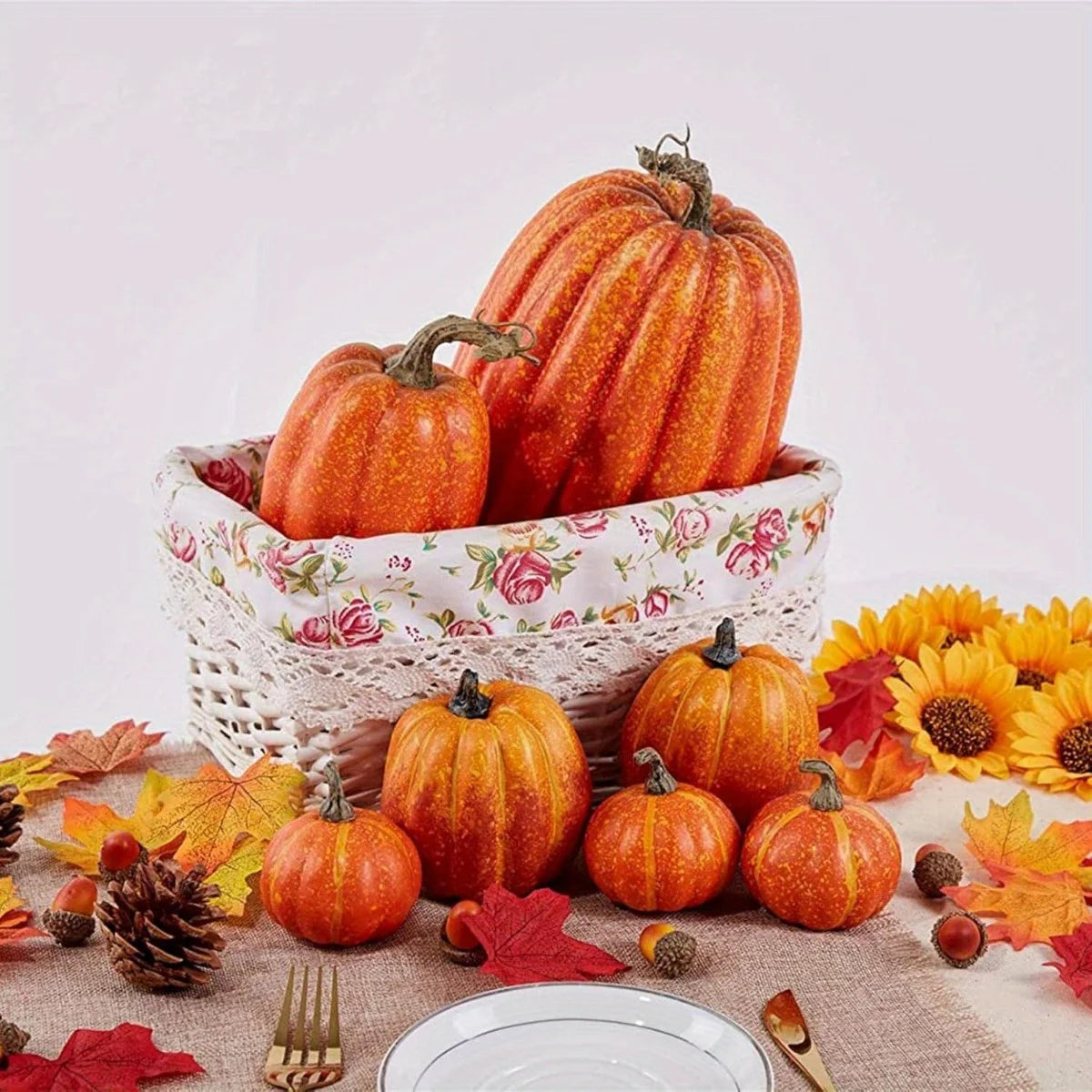 7/ 8PCS Fake Pumpkin Fall Decorations, Orange White Artificial Pumpkins Harvest Faux Foam Pumpkins for Fall Autumn Halloween