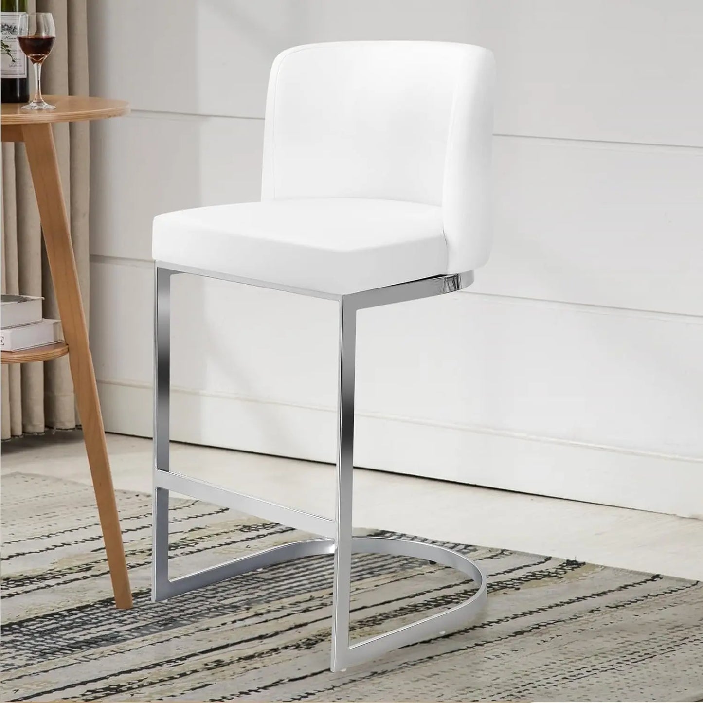 Counter Height Bar Stools Set of 3, Modern 26" Counter Stools with Back and C-Shaped Metal Frame, Upholstered Faux Leather