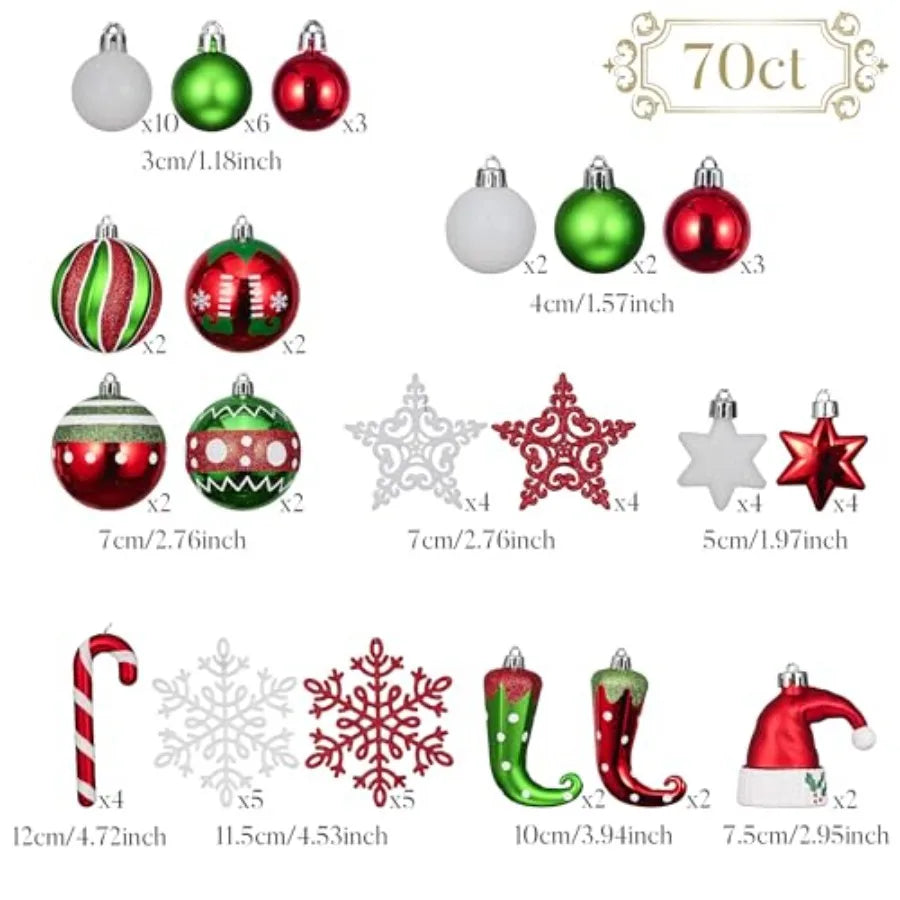 Valery Madelyn Christmas Ornaments Set 70ct Elf Red Green White Shatterproof Christmas Tree Decorations Ball Ornaments Bulk for