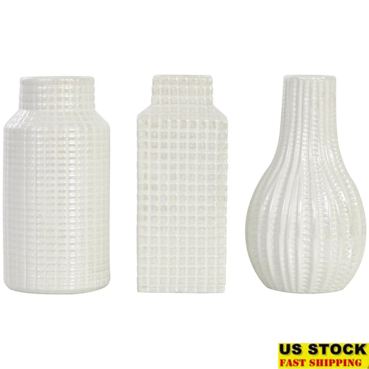 Geometric Textured Cream Ceramic Vase Set Modern Decorative Home Accent Indoor Use Unique Shapes Grid Patterns 3 Pack