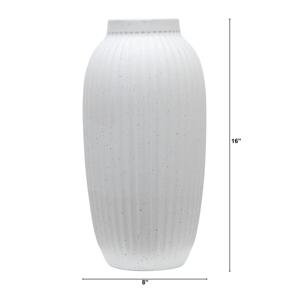 Indoor Ribbed Ceramic Vase 16" Speckled Decorative Accent Silk Stems Flower Arrangement Table Centerpiece Home Decor