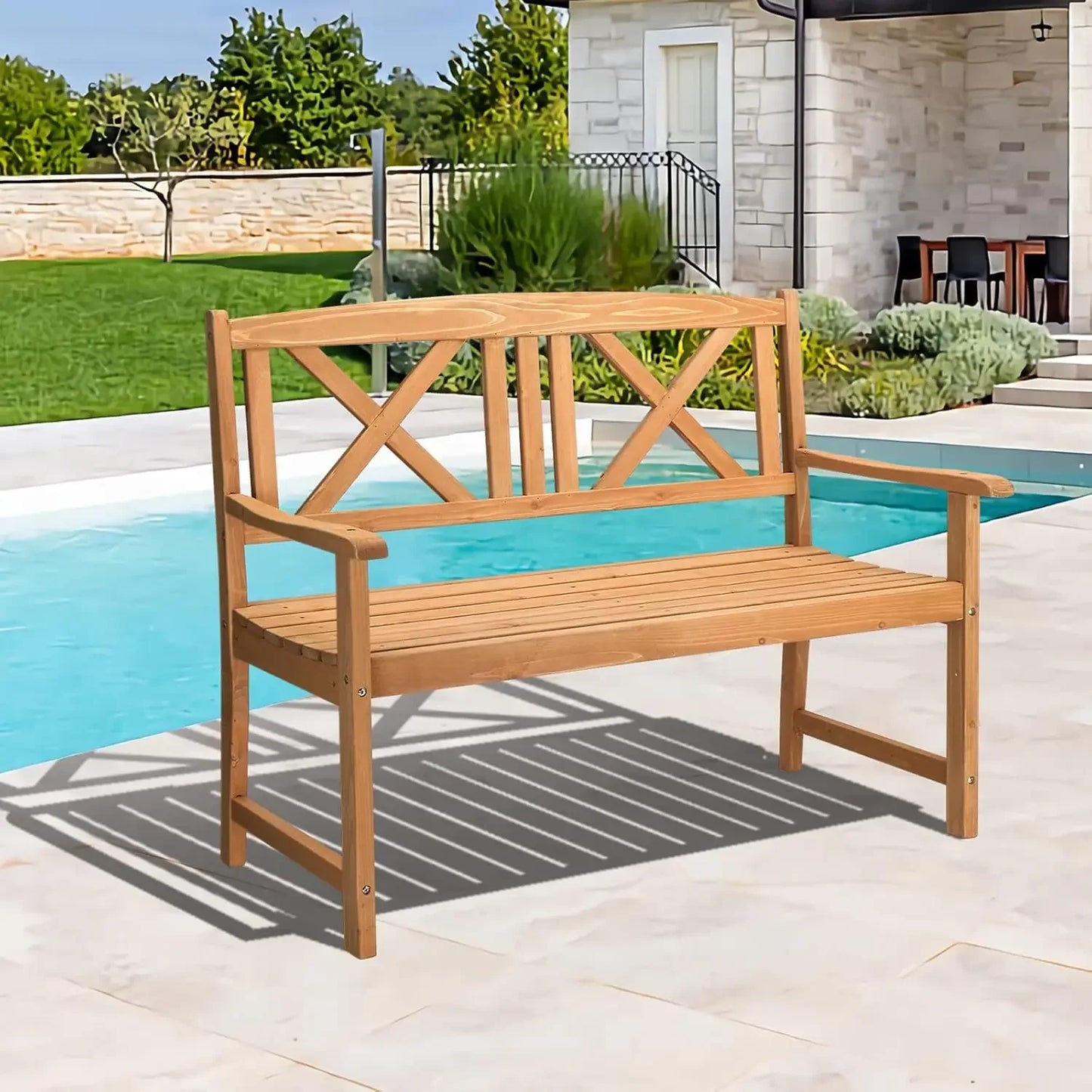 Wooden Garden Bench, Outdoor Wood Patio Bench, Rustic 2-Person Loveseat Chair W/Armrest For Porch Poolside Park Backyard