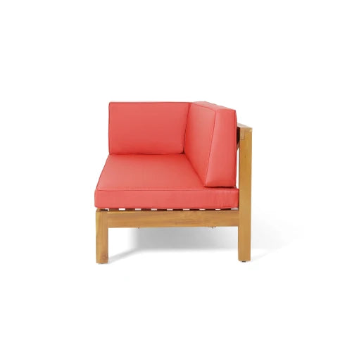 Left rear bench, red seat cushion, Acacia wood frame, cross backrest design