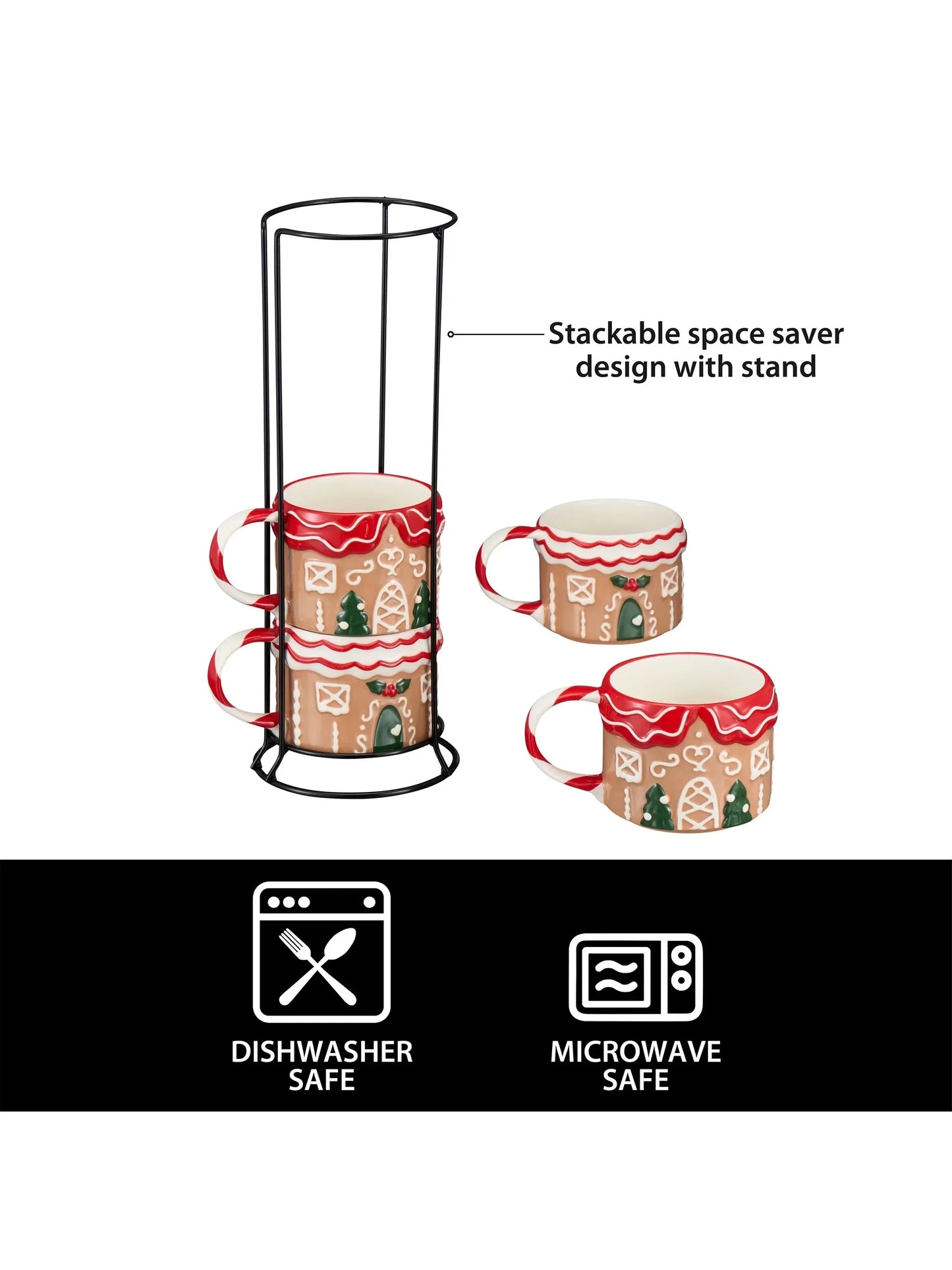 12oz Gingerbread House Stacking Mug Set – Glazed Stoneware, Includes Metal Rack