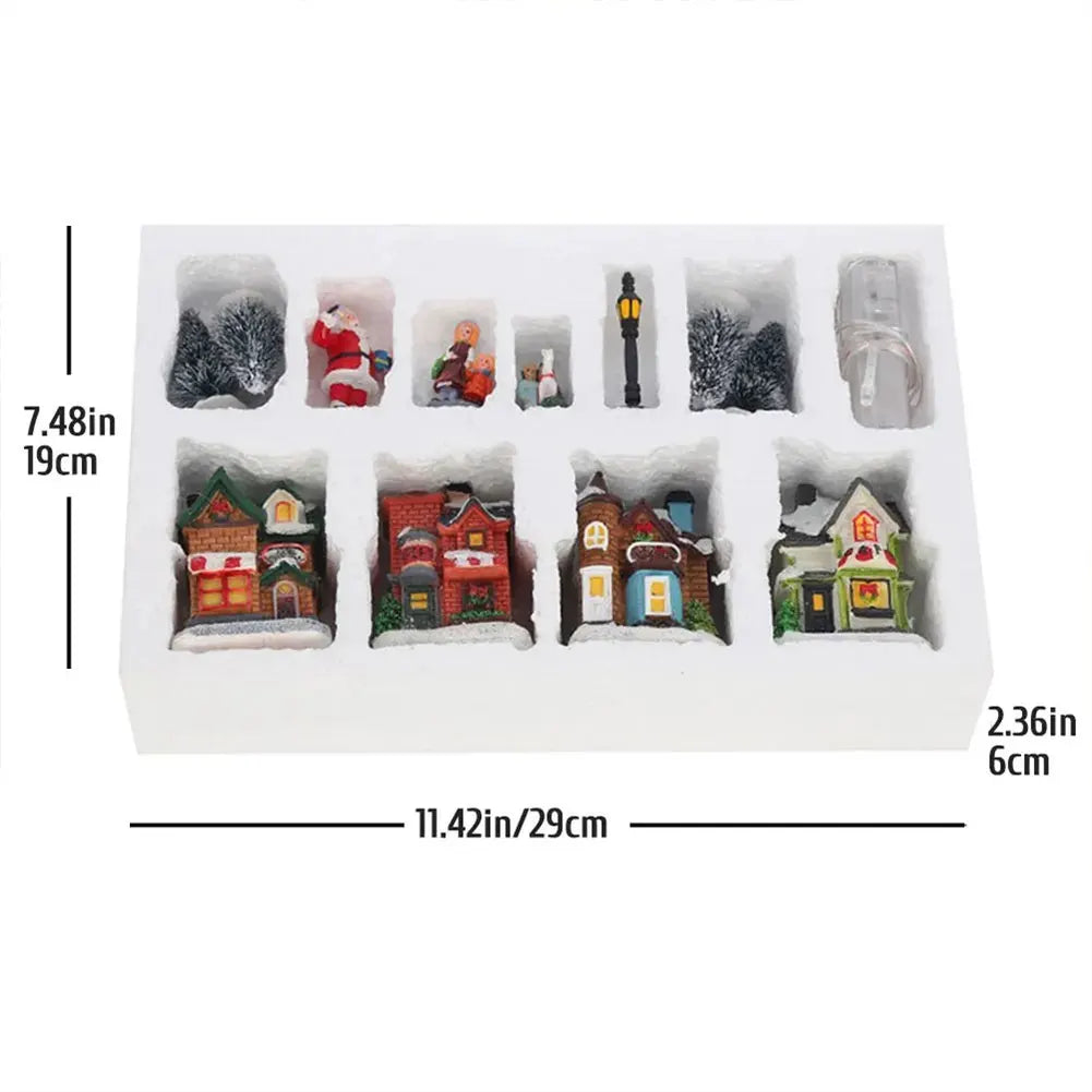 12 Pcs Mini Resin Christmas Town Set Battery Operated Lighted LED DIY Christmas Doll Figurines Christmas Trees Christmas Village