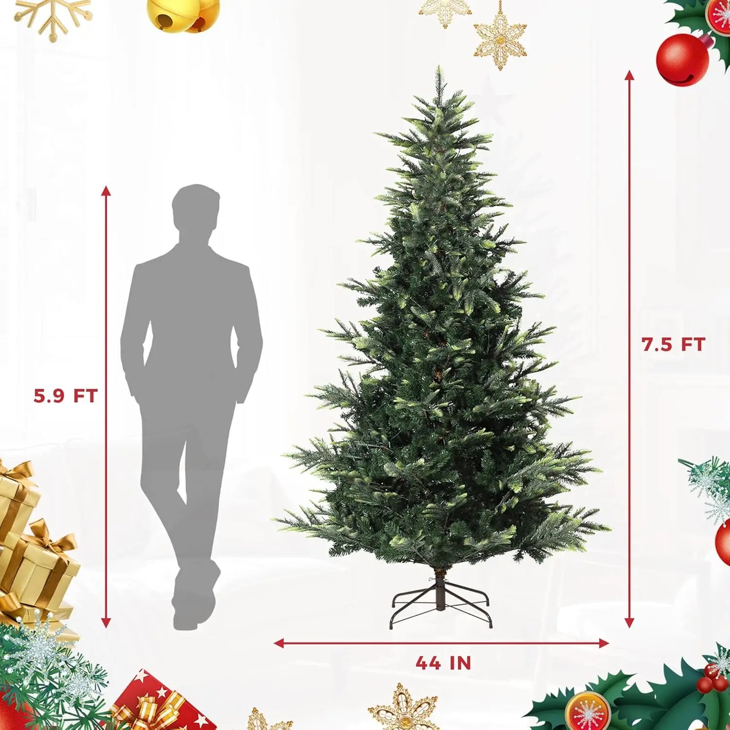 4.5/7.5/9 FT Artificial Pre-lit Christmas Tree Green PVC Christmas Tree With Warm White Lights For Home Office Xmas Party Decor