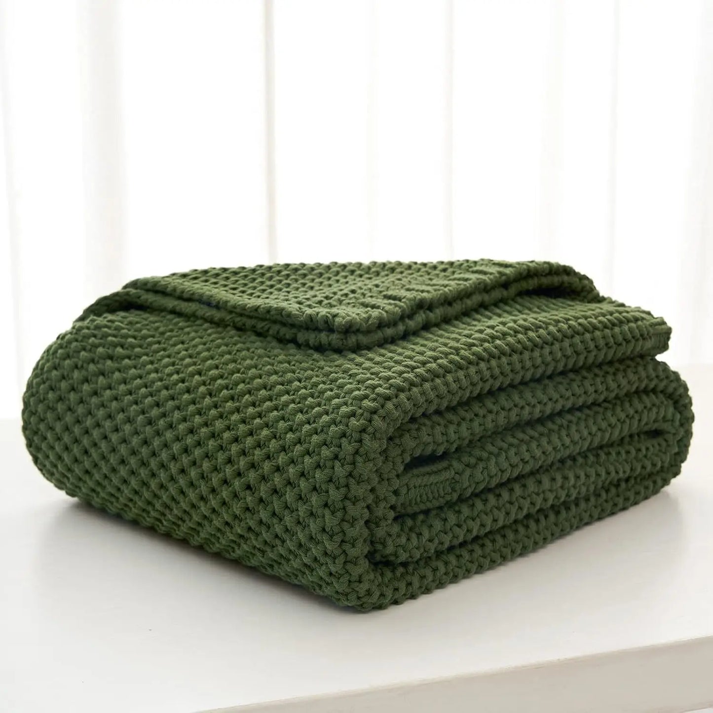 Knitted blanket lightweight olive green organic cotton sofa bed blanket, 51 inches x 63 inches, including laundry bag