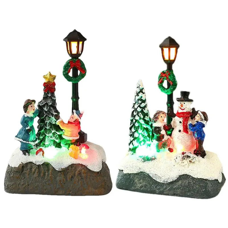 LED Resin Village Ornaments Christmas Snow House Figurines Decoration Snowman Christmas Tree Holiday Gift Home Decor