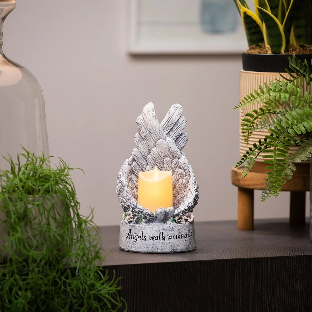 Flameless Candle Holder with Angel Wings and LED Votive Battery Operated Memorial Decor Indoor Floral Accent