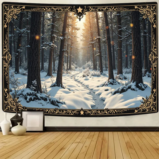 1pc Wall Tapestry Enchanted Winter Forest Tapestry - Golden Frame, Snowy Path, Cozy Cabin Decor